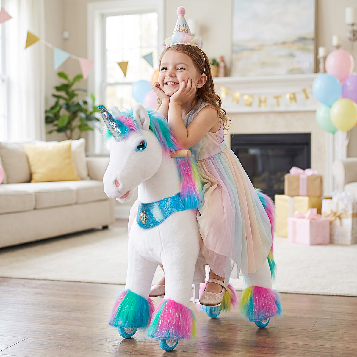 Model Y® Rainbow Unicorn Rideable Toy for Age 3-4（UK&EU in Stock）
